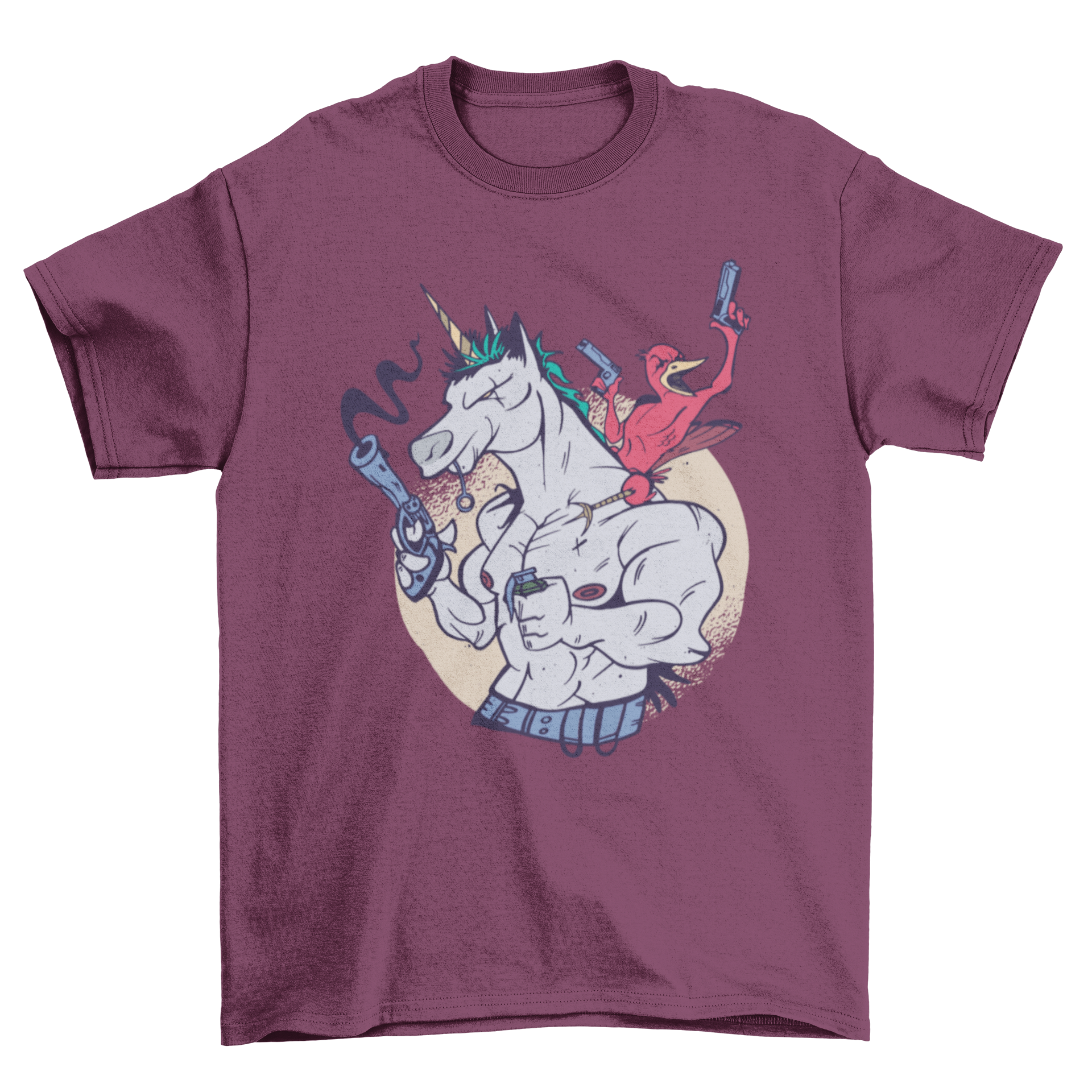 A colorful t-shirt featuring a muscular unicorn and a bird, both holding guns, showcasing a unique and playful design.