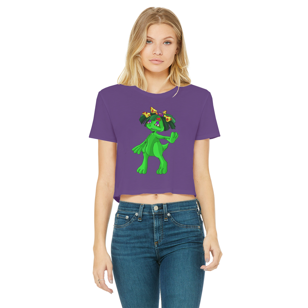 Mushamep Classic Women's Cropped Raw Edge T-Shirt featuring a round neck, short sleeves, and raw edge hem in a stylish color.