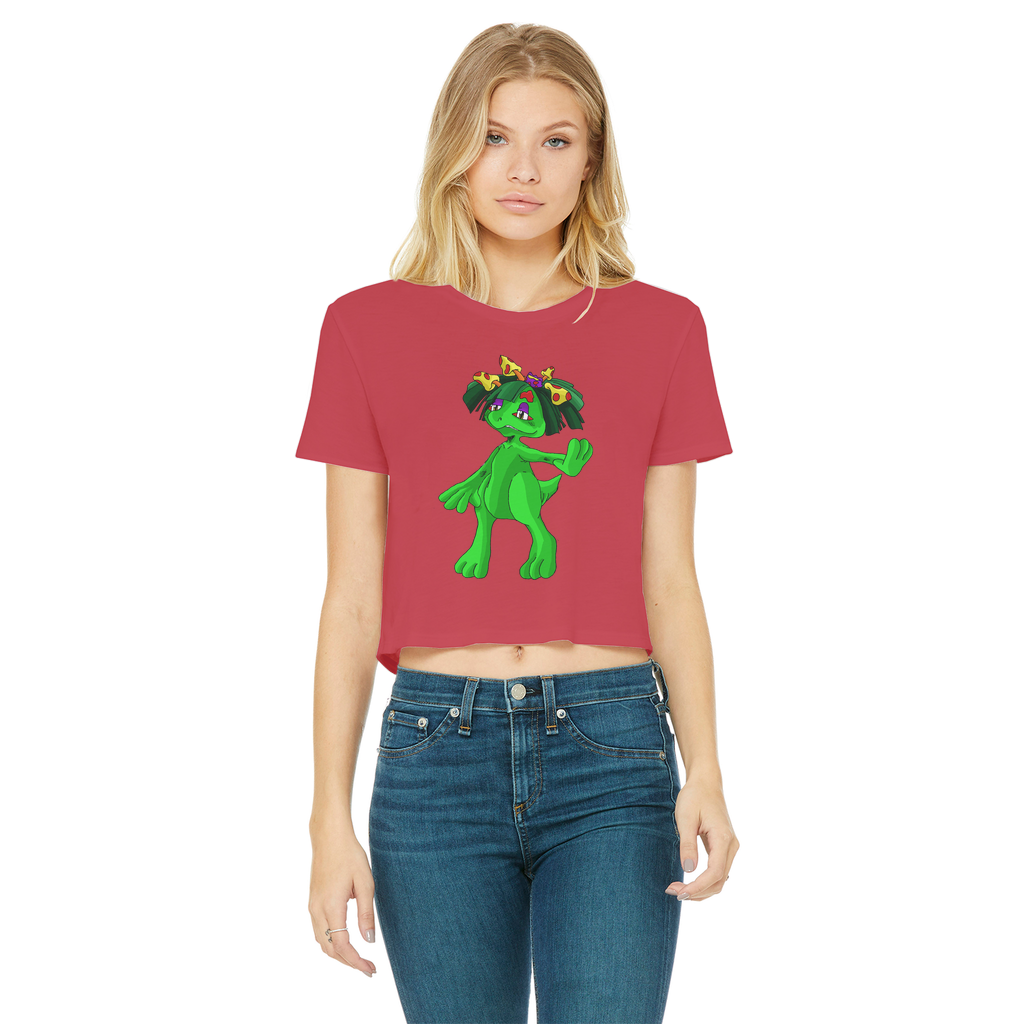 Mushamep Classic Women's Cropped Raw Edge T-Shirt featuring a round neck, short sleeves, and raw edge hem in a stylish color.