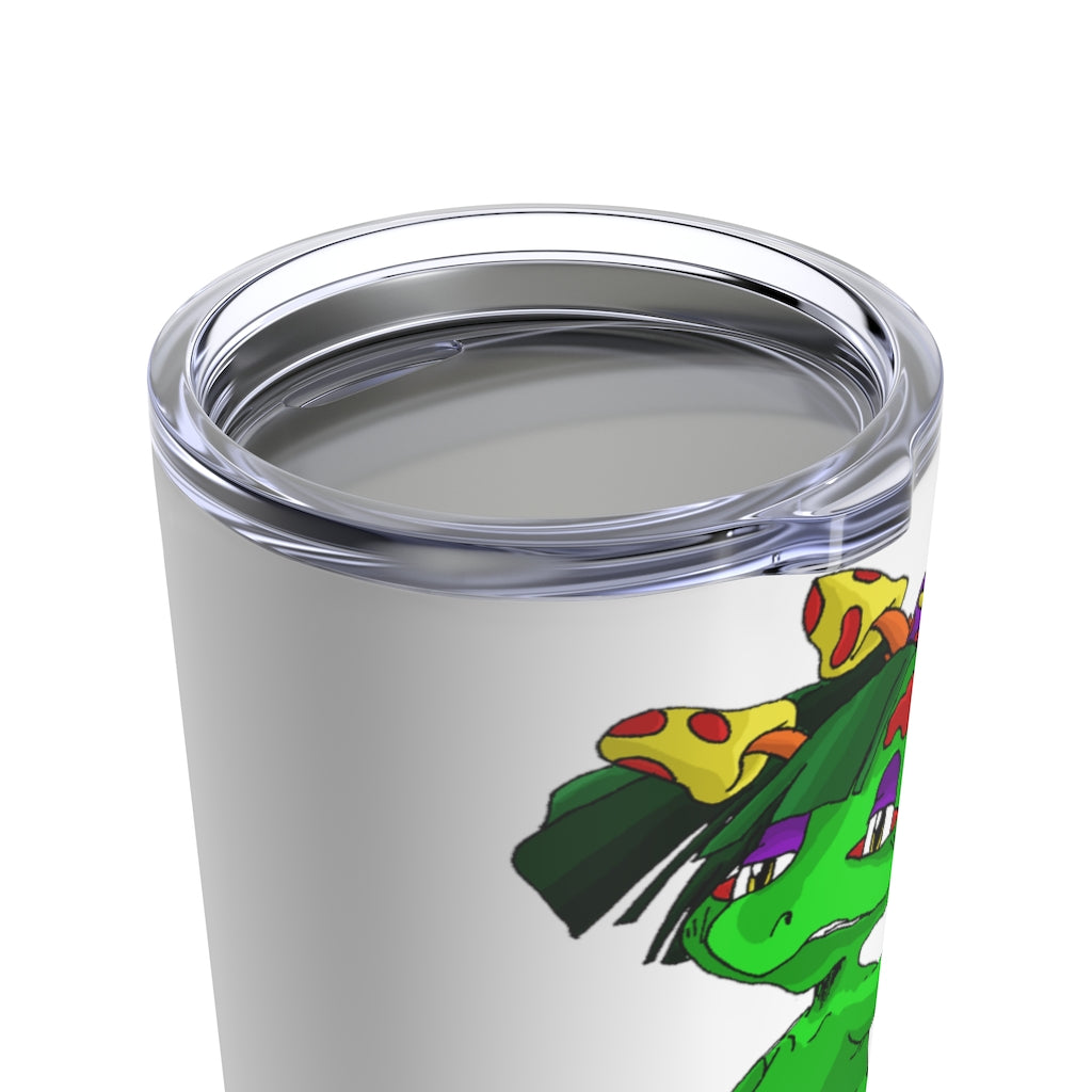 Mushamep Tumbler 20oz in stainless steel with a see-thru plastic lid, showcasing its sleek design and rounded corners.