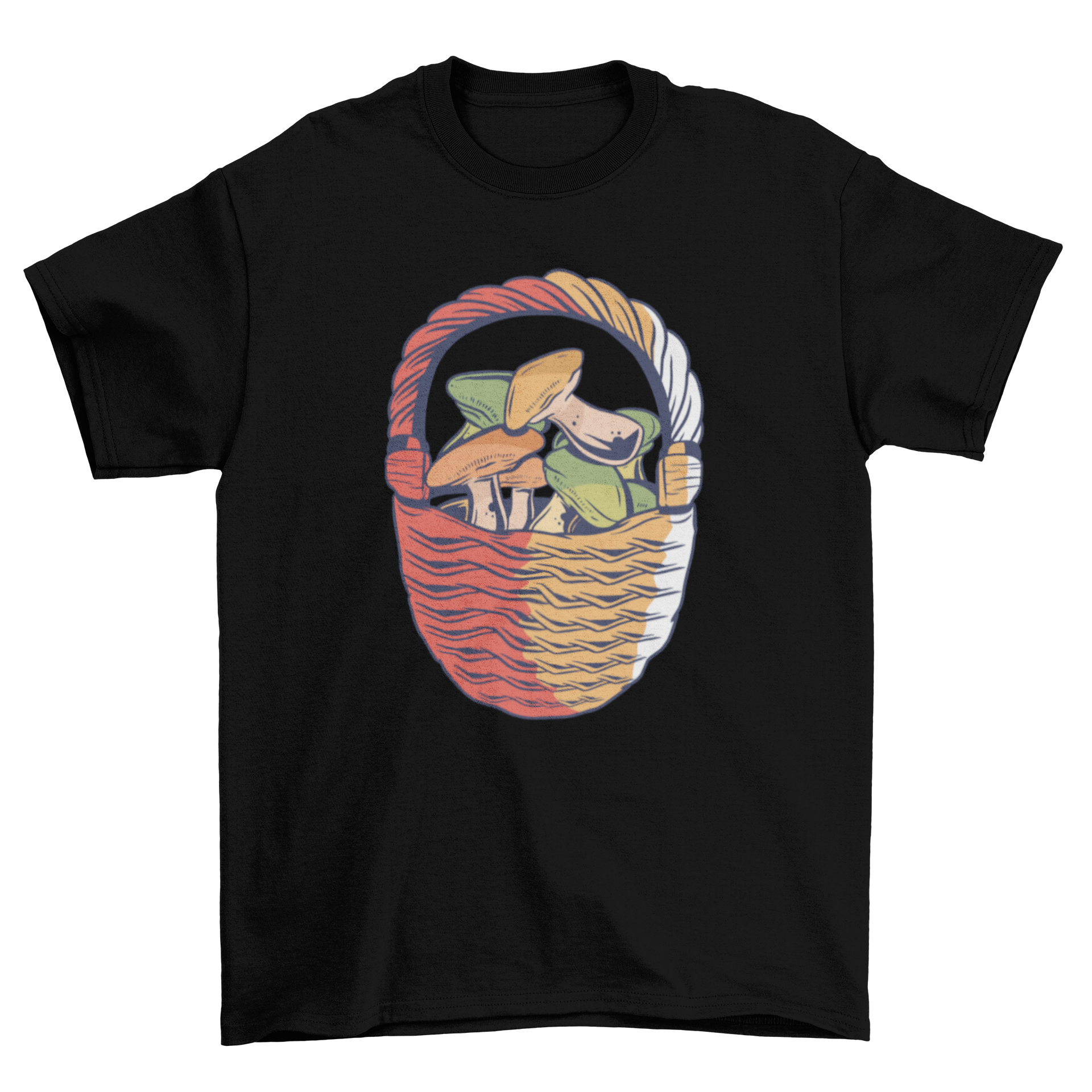 Mushroom Basket T-Shirt featuring a colorful illustration of a basket filled with various mushrooms on a soft fabric.