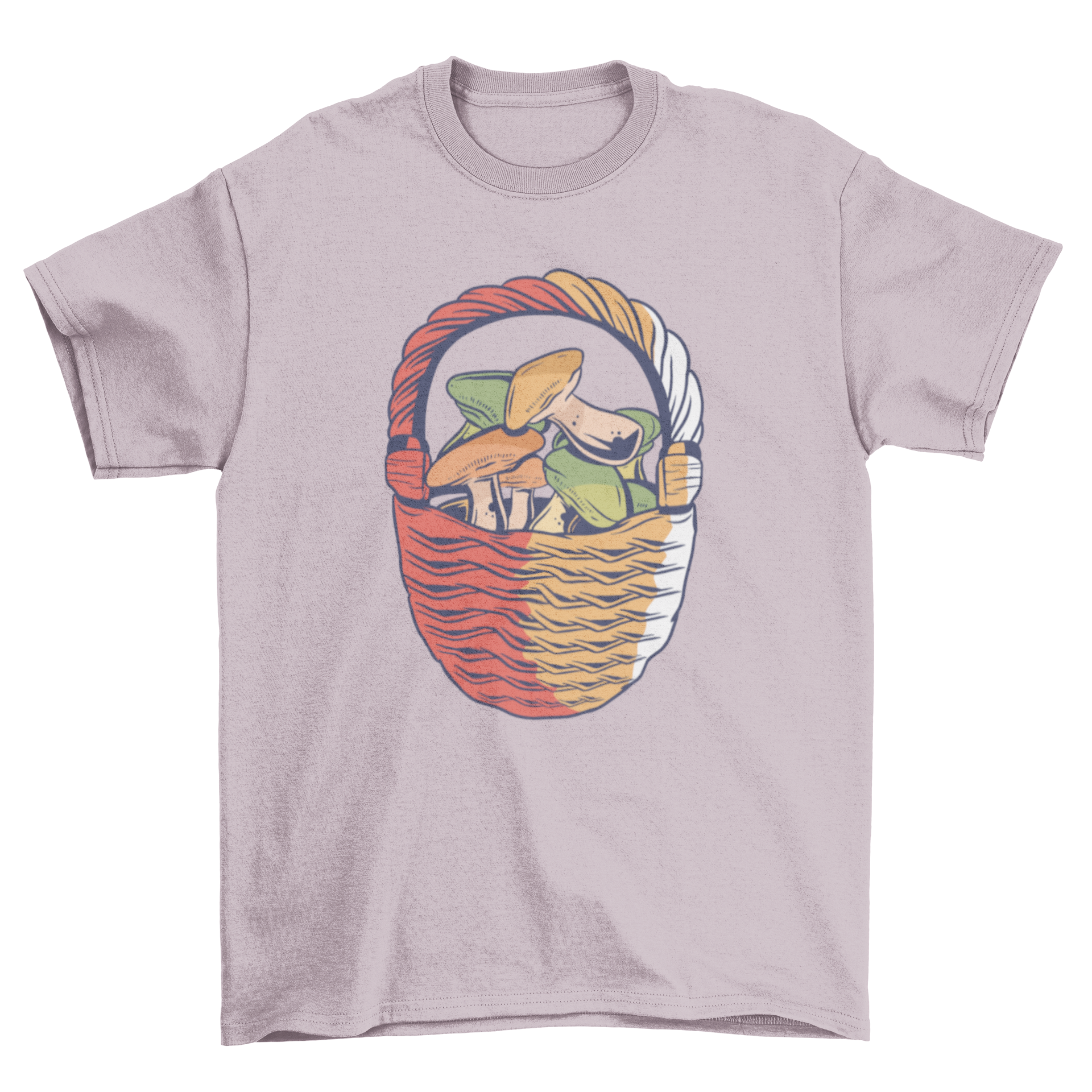 Mushroom Basket T-Shirt featuring a colorful illustration of a basket filled with various mushrooms on a soft fabric.