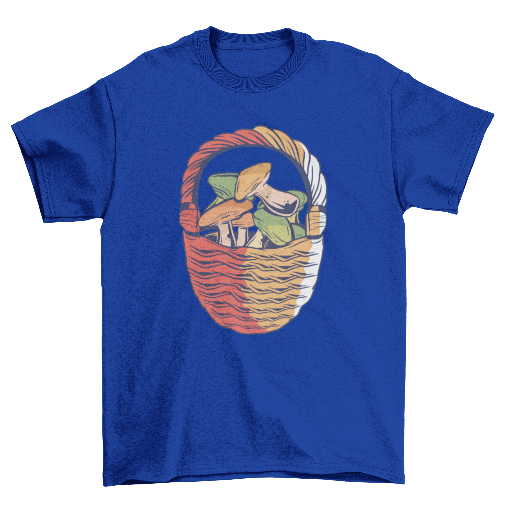 Mushroom Basket T-Shirt featuring a colorful illustration of a basket filled with various mushrooms on a soft fabric.