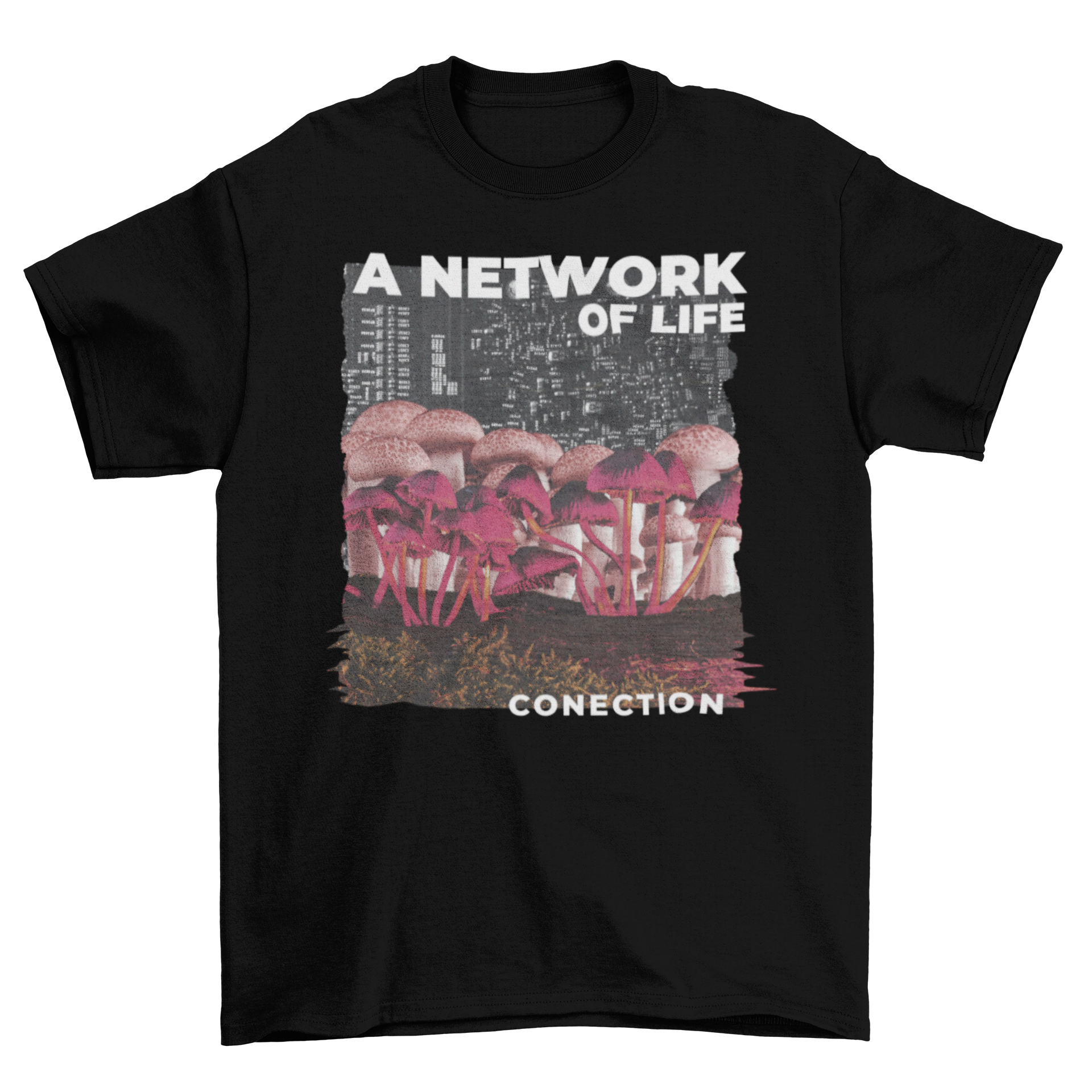 A stylish t-shirt featuring a vibrant mushroom design with a cityscape and the quote 'A network of life'.