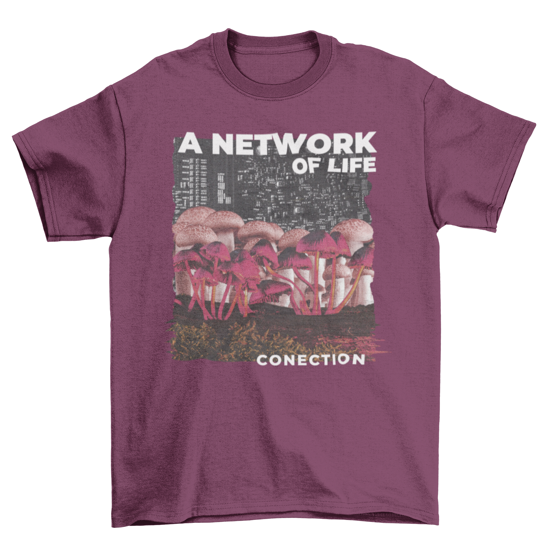 A stylish t-shirt featuring a vibrant mushroom design with a cityscape and the quote 'A network of life'.