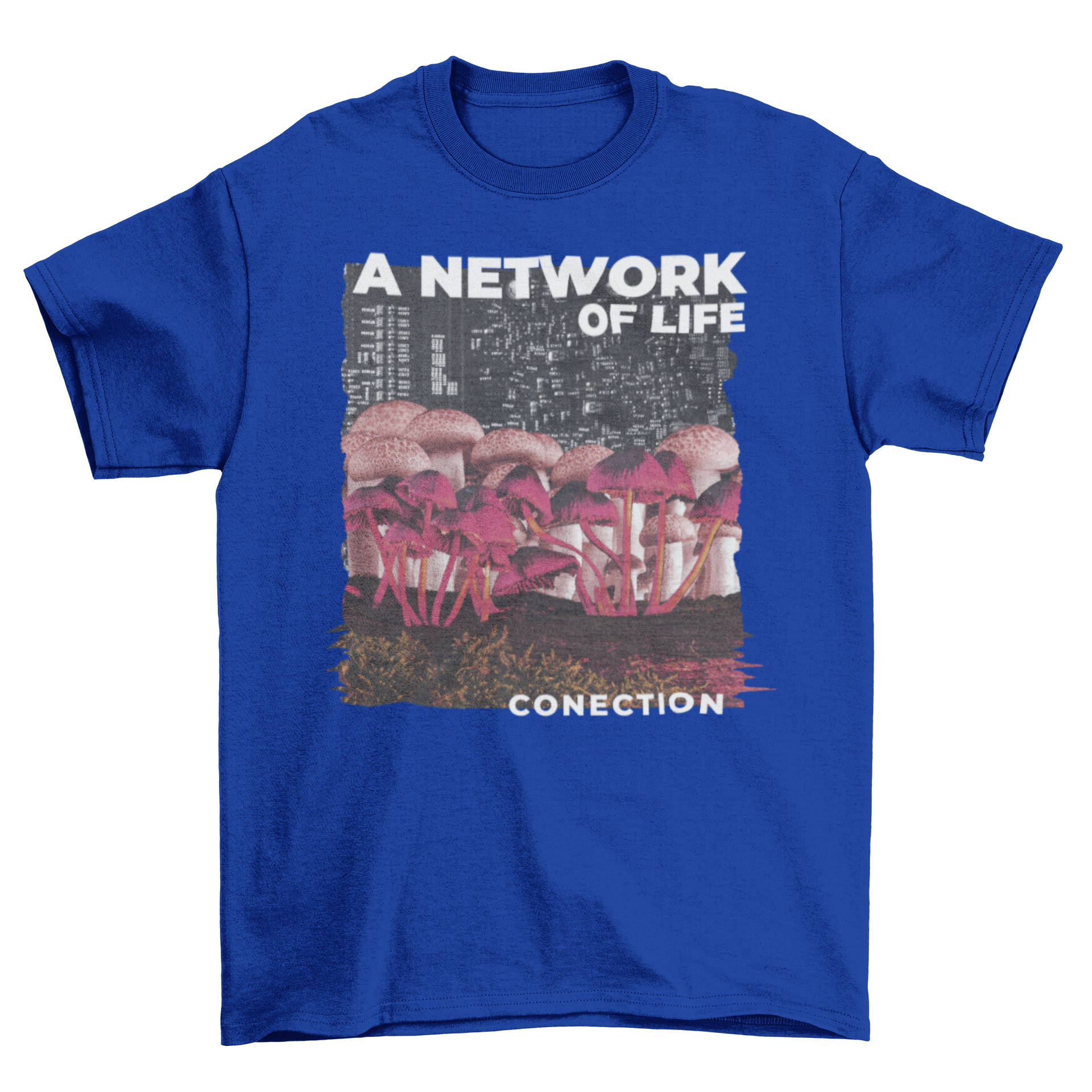 A stylish t-shirt featuring a vibrant mushroom design with a cityscape and the quote 'A network of life'.