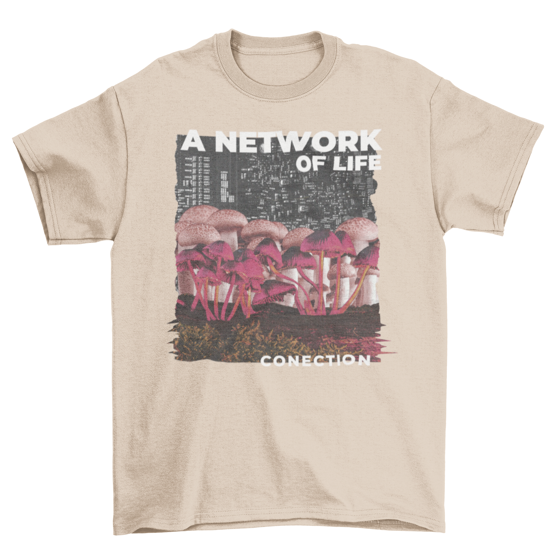 A stylish t-shirt featuring a vibrant mushroom design with a cityscape and the quote 'A network of life'.