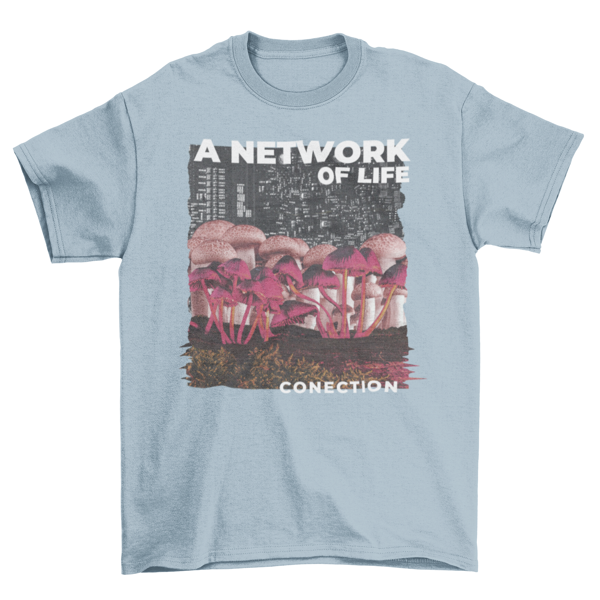 A stylish t-shirt featuring a vibrant mushroom design with a cityscape and the quote 'A network of life'.