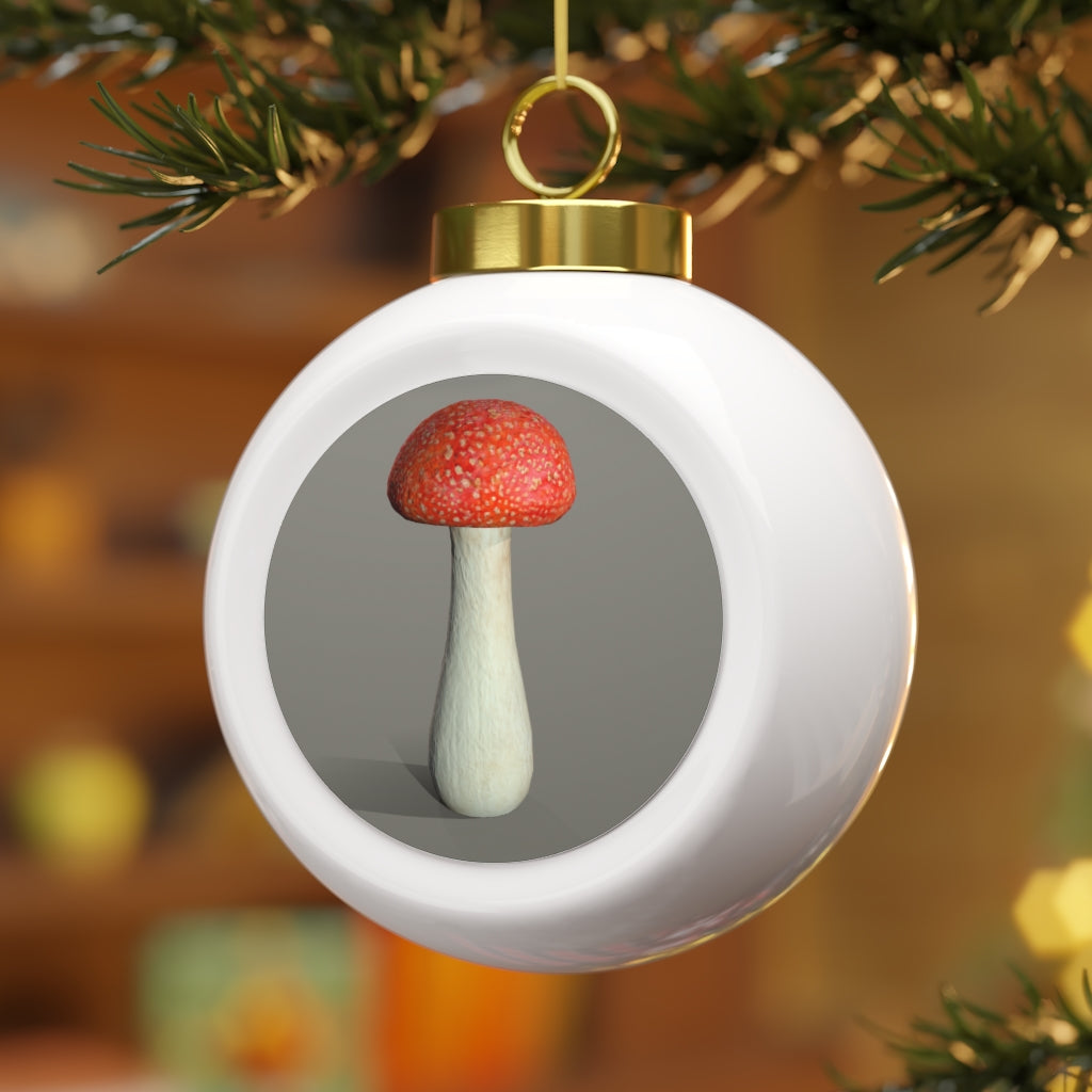 A beautifully designed 3-inch Mushroom Christmas Ball Ornament with a glossy finish and gold ribbon, featuring a vintage style and custom design.