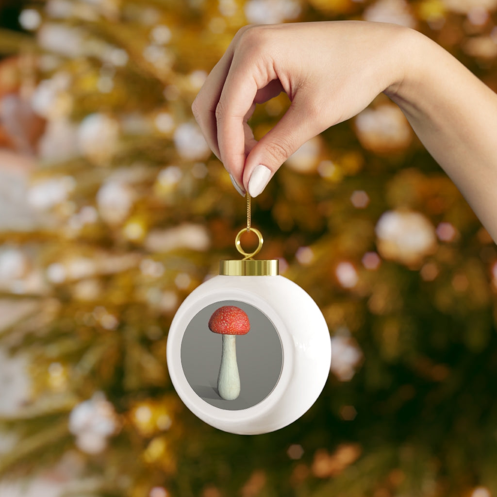 A beautifully designed 3-inch Mushroom Christmas Ball Ornament with a glossy finish and gold ribbon, featuring a vintage style and custom design.