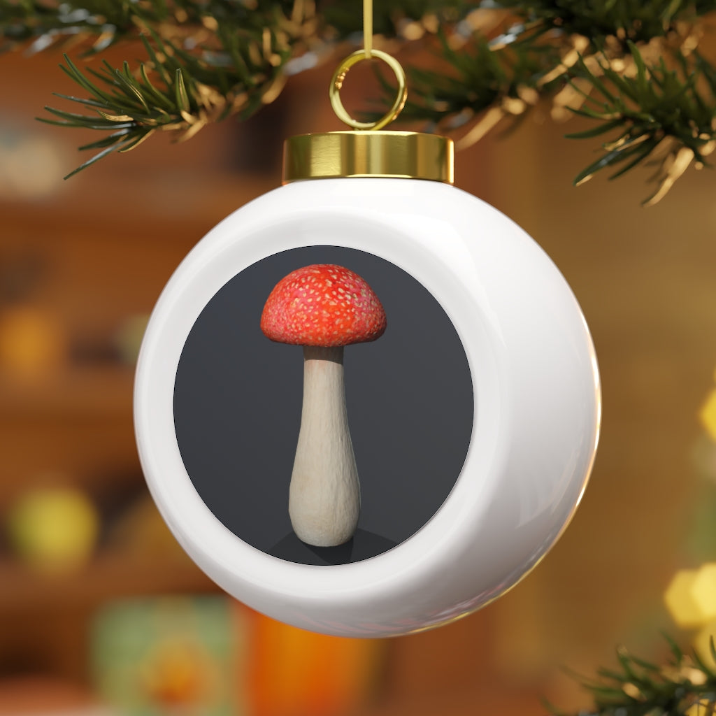 A beautiful 3-inch Mushroom Christmas Ball Ornament with a glossy finish and gold ribbon, featuring a vintage design and customizable metal insert.