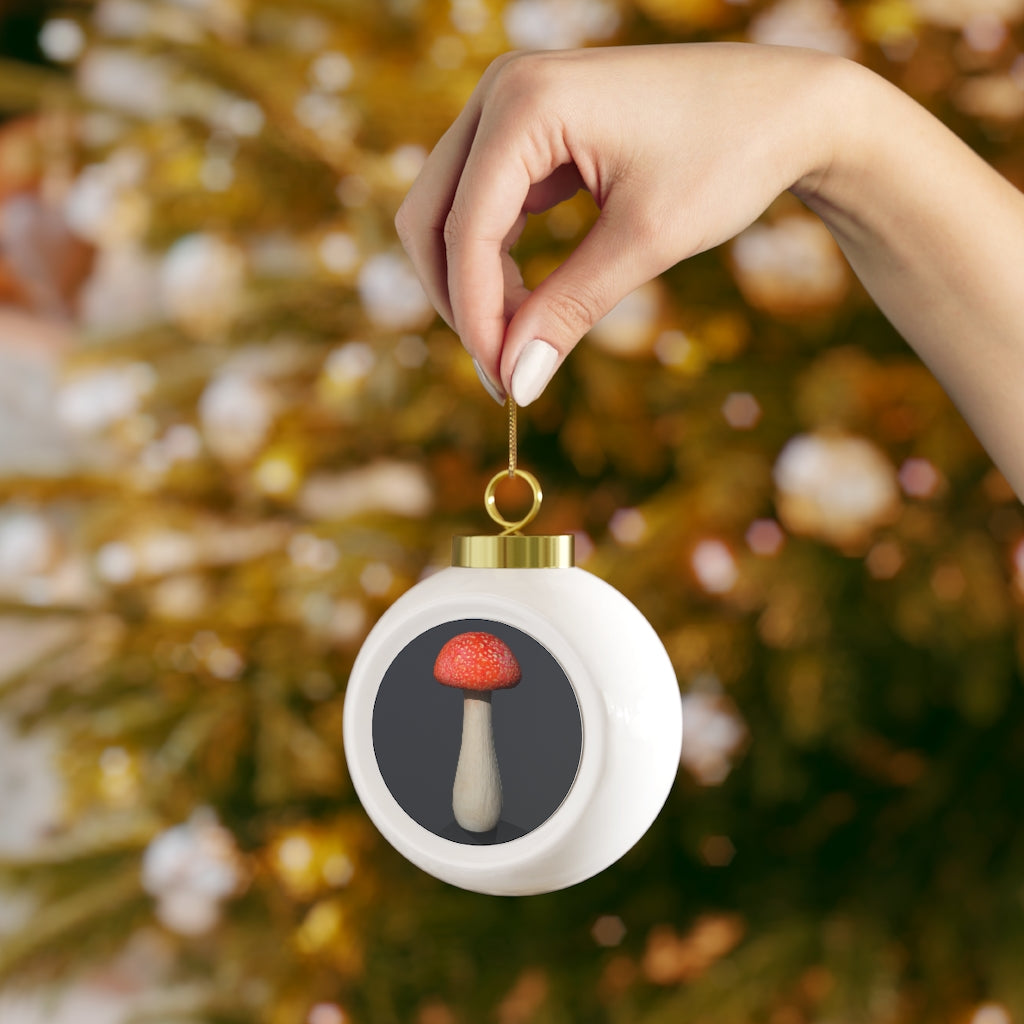 A beautiful 3-inch Mushroom Christmas Ball Ornament with a glossy finish and gold ribbon, featuring a vintage design and customizable metal insert.