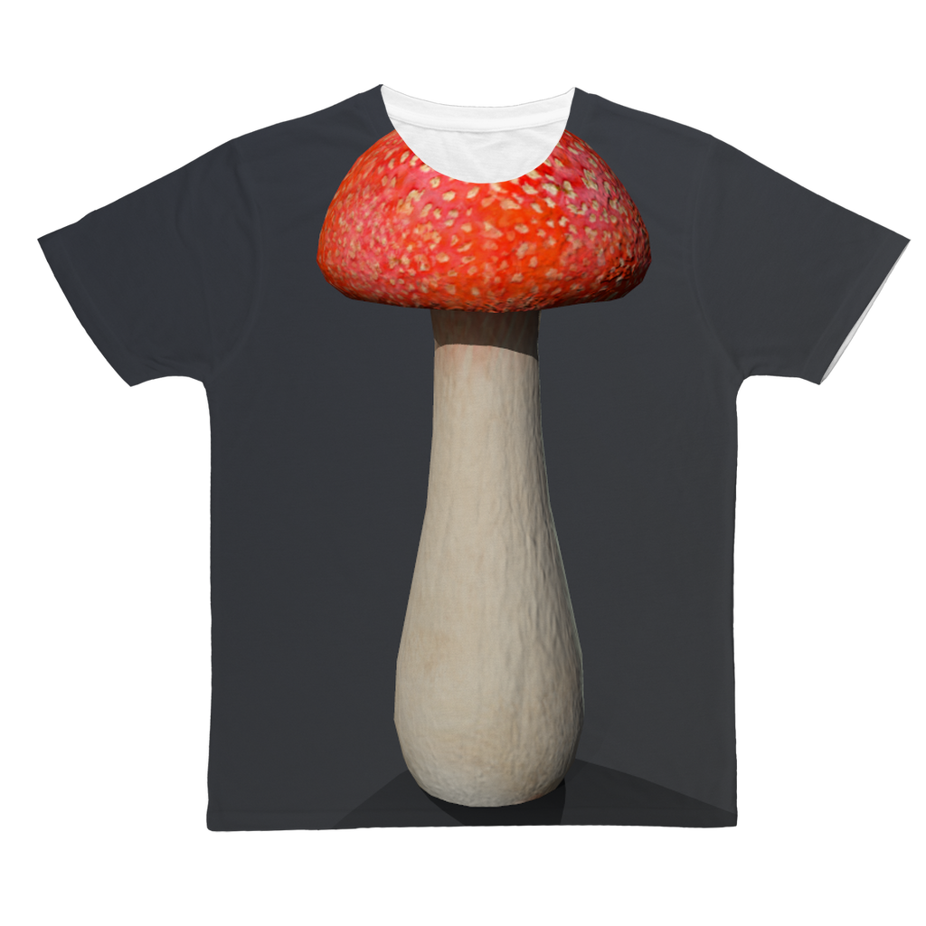 Mushroom Classic Sublimation Adult T-Shirt in vibrant colors, showcasing its soft polyester fabric and sublimation printing design.