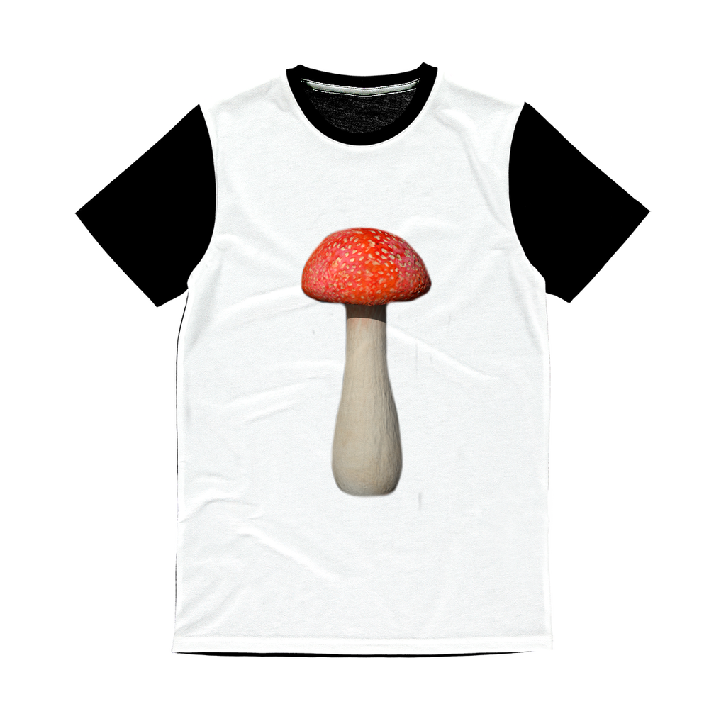 Mushroom Classic Sublimation Panel T-Shirt featuring vibrant front design and plain black back, ideal for sublimation printing.