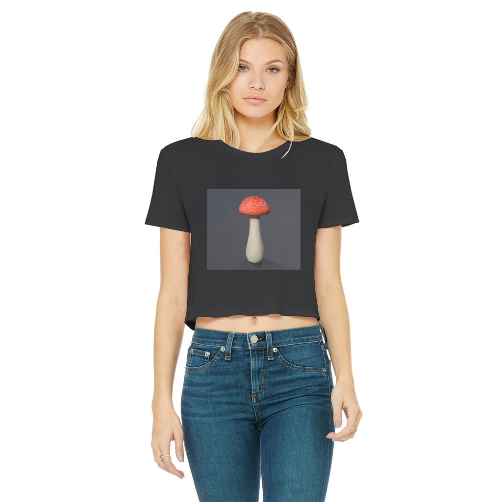 Mushroom Classic Women's Cropped Raw Edge T-Shirt featuring a round neck, short sleeves, and a raw edge cut hem in various colors.