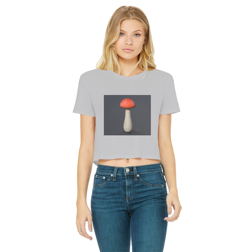 Mushroom Classic Women's Cropped Raw Edge T-Shirt featuring a round neck, short sleeves, and a raw edge cut hem in various colors.