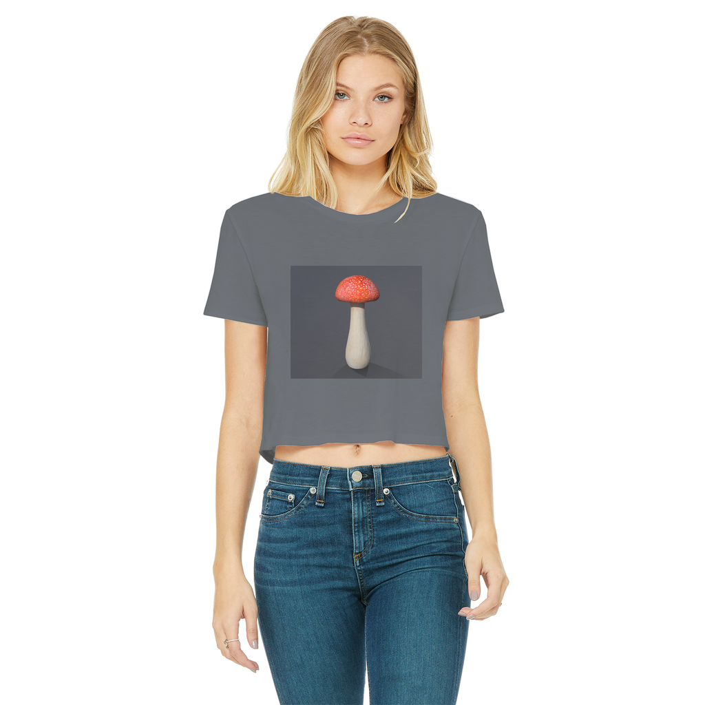 Mushroom Classic Women's Cropped Raw Edge T-Shirt featuring a round neck, short sleeves, and a raw edge cut hem in various colors.