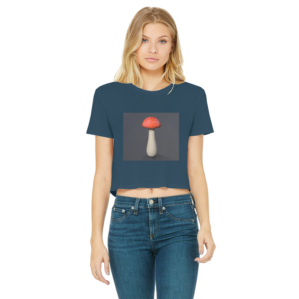 Mushroom Classic Women's Cropped Raw Edge T-Shirt featuring a round neck, short sleeves, and a raw edge cut hem in various colors.