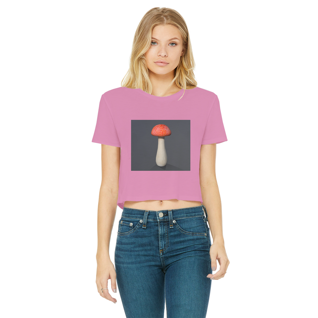 Mushroom Classic Women's Cropped Raw Edge T-Shirt featuring a round neck, short sleeves, and a raw edge cut hem in various colors.