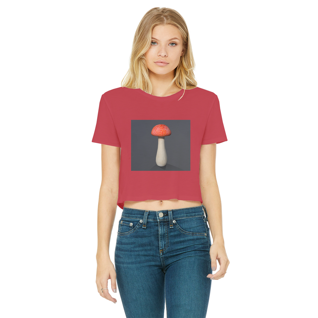 Mushroom Classic Women's Cropped Raw Edge T-Shirt featuring a round neck, short sleeves, and a raw edge cut hem in various colors.