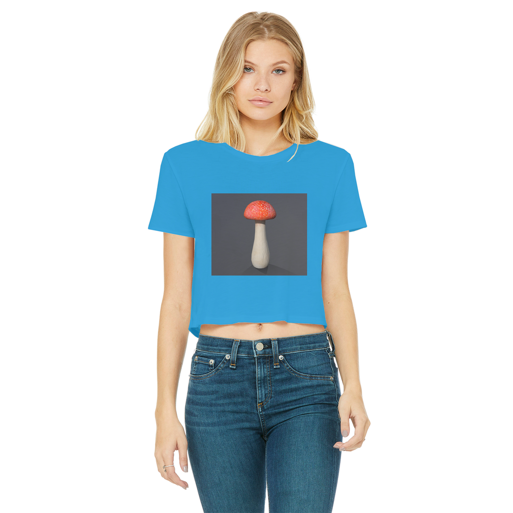 Mushroom Classic Women's Cropped Raw Edge T-Shirt featuring a round neck, short sleeves, and a raw edge cut hem in various colors.