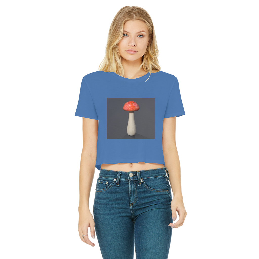 Mushroom Classic Women's Cropped Raw Edge T-Shirt featuring a round neck, short sleeves, and a raw edge cut hem in various colors.