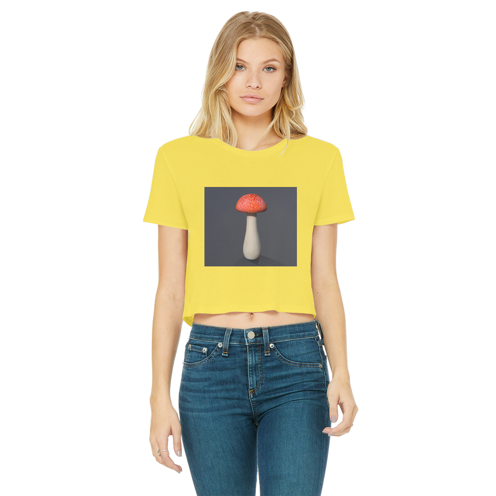 Mushroom Classic Women's Cropped Raw Edge T-Shirt featuring a round neck, short sleeves, and a raw edge cut hem in various colors.