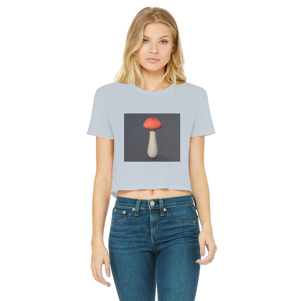 Mushroom Classic Women's Cropped Raw Edge T-Shirt featuring a round neck, short sleeves, and a raw edge cut hem in various colors.