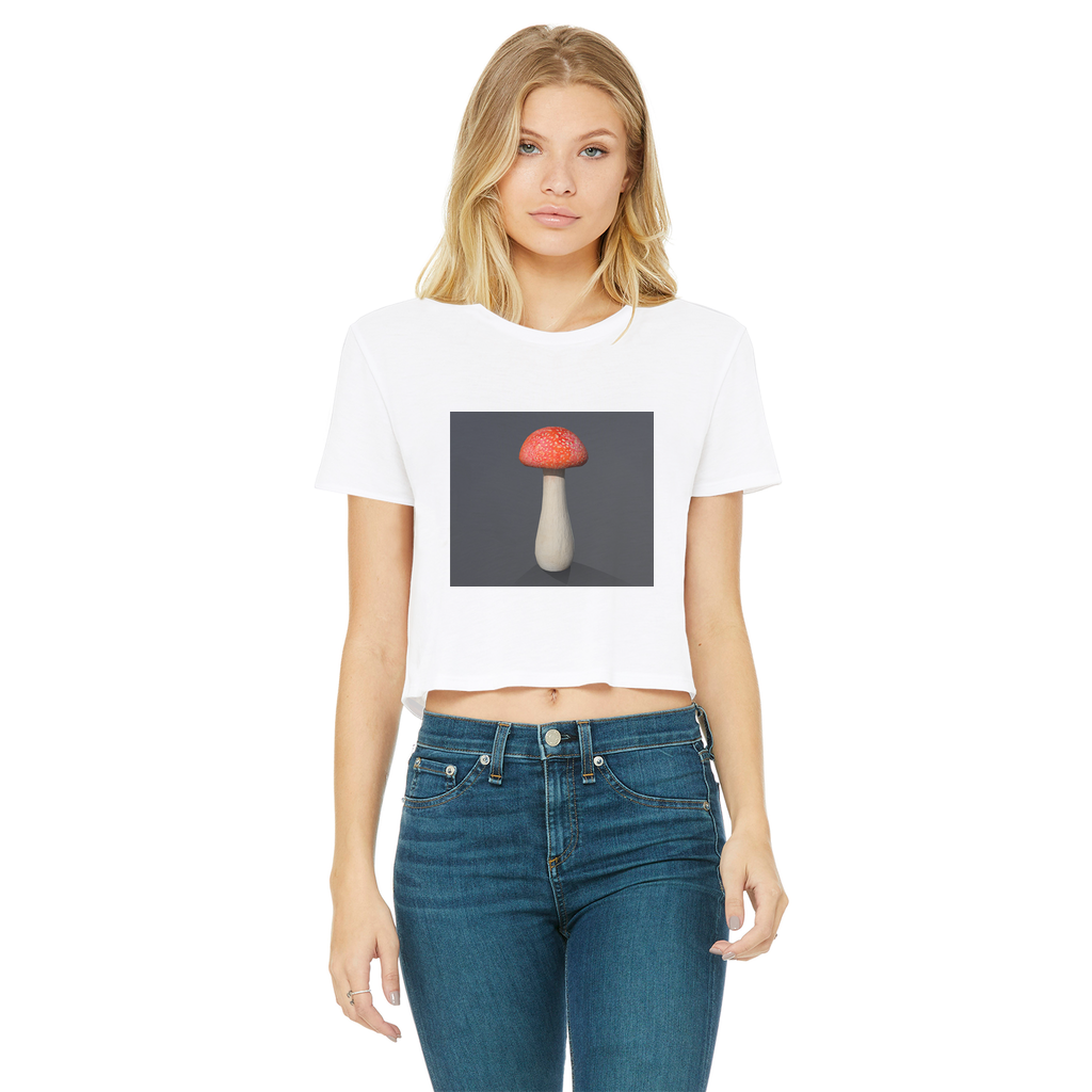 Mushroom Classic Women's Cropped Raw Edge T-Shirt featuring a round neck, short sleeves, and a raw edge cut hem in various colors.