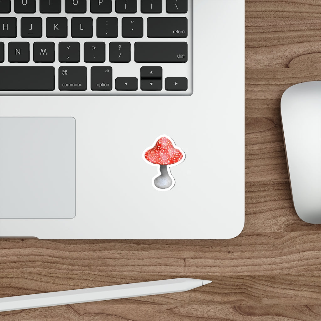 A collection of colorful mushroom die-cut stickers on a white background, showcasing various custom designs and shapes.