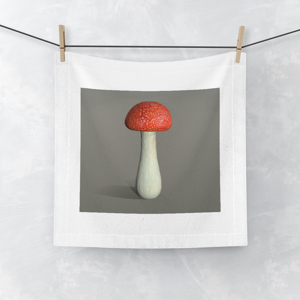 Mushroom Face Towel featuring a soft polyester front and absorbent cotton back, ideal for customization.