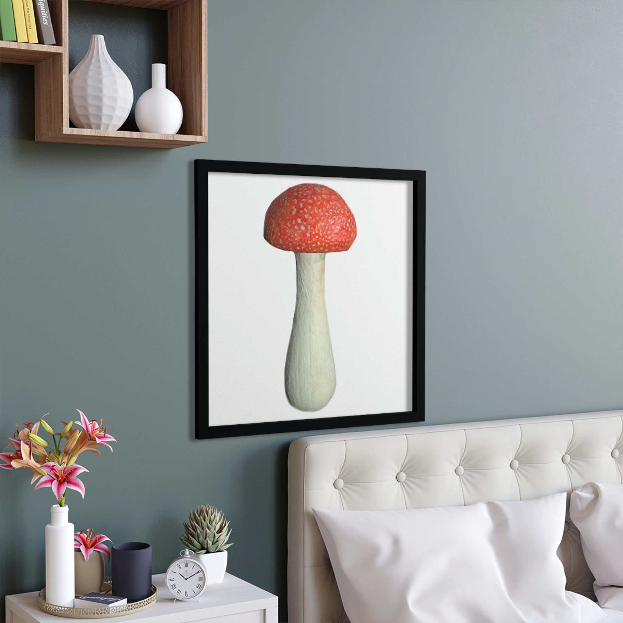 A beautifully framed Mushroom poster featuring vibrant colors and a hand-crafted wooden frame, perfect for home decor.