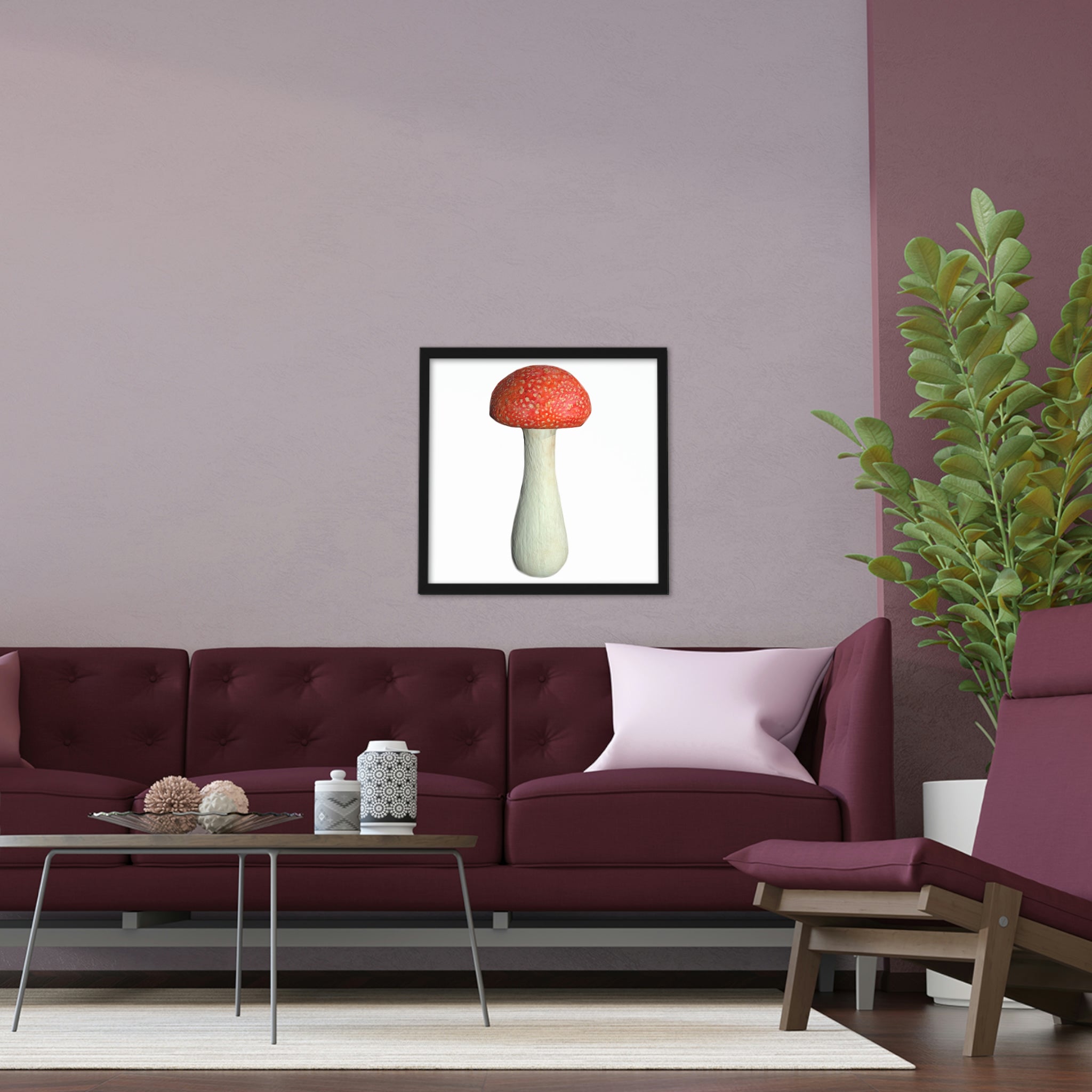 A beautifully framed Mushroom poster featuring vibrant colors and a hand-crafted wooden frame, perfect for home decor.