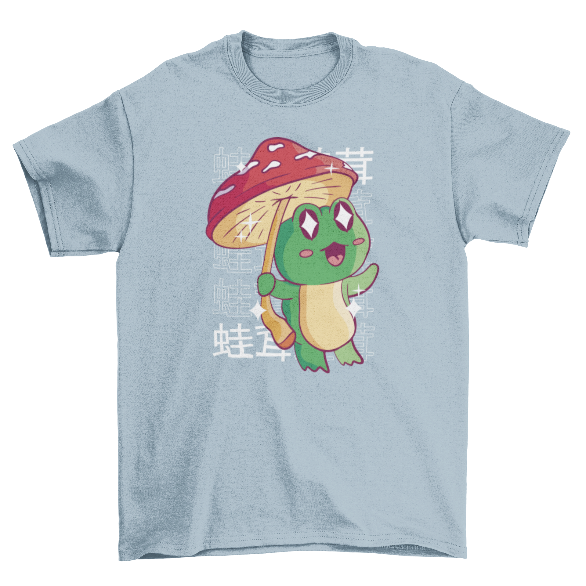 A cute t-shirt featuring a kawaii frog holding a colorful mushroom, showcasing a playful and whimsical design.