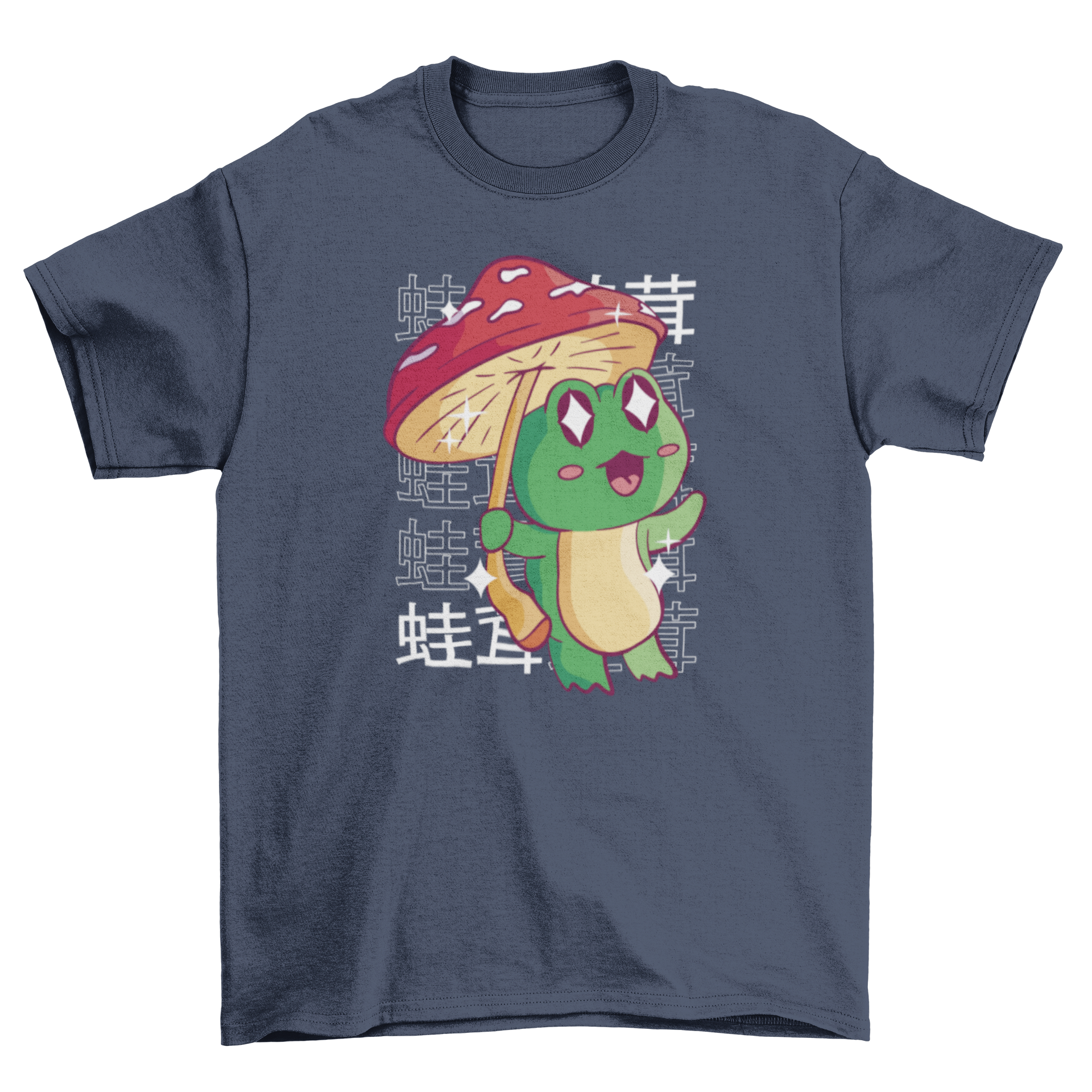 A cute t-shirt featuring a kawaii frog holding a colorful mushroom, showcasing a playful and whimsical design.