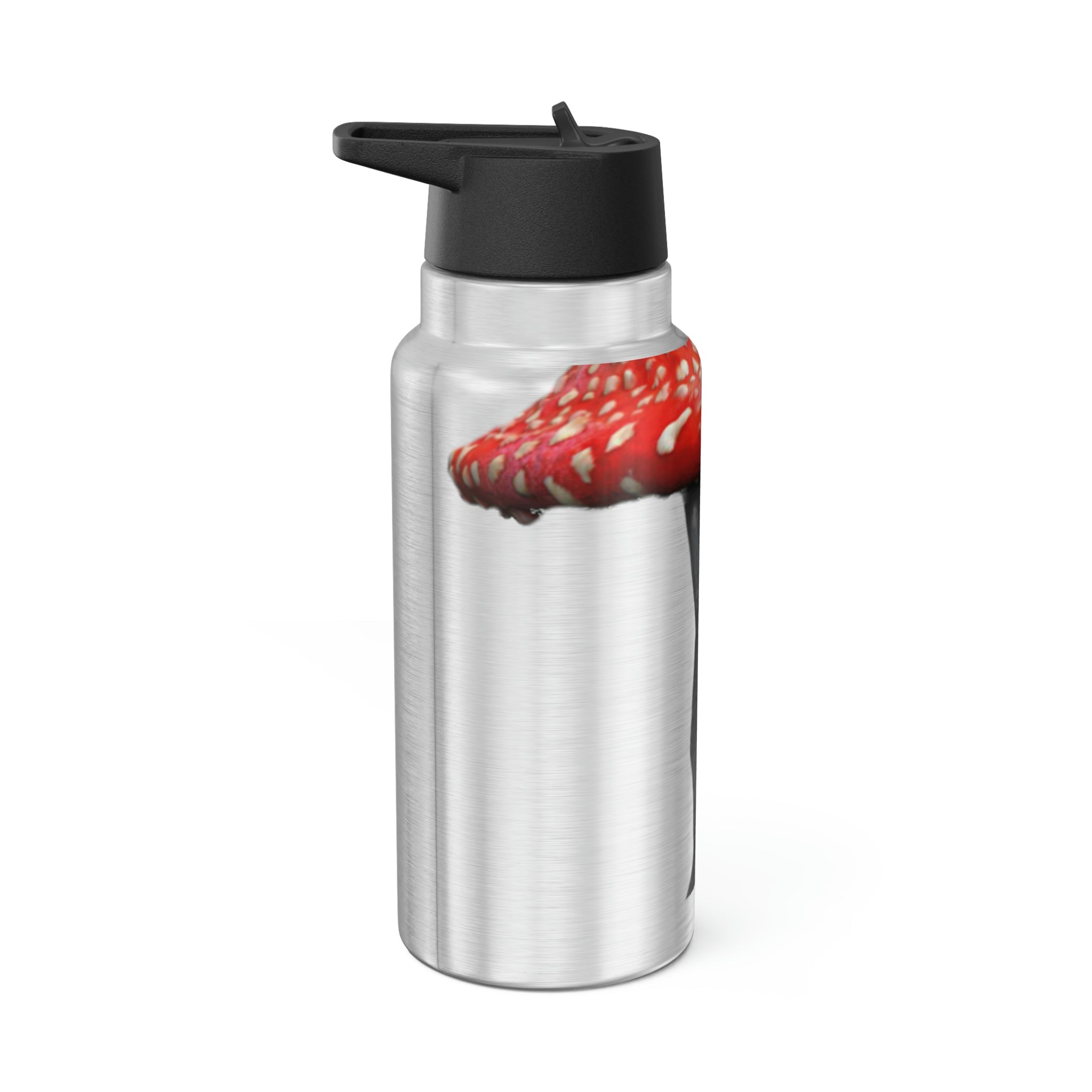 A 32oz Mushroom Gator Tumbler made of stainless steel with a black plastic screw-on cap and a straw, featuring customizable designs.