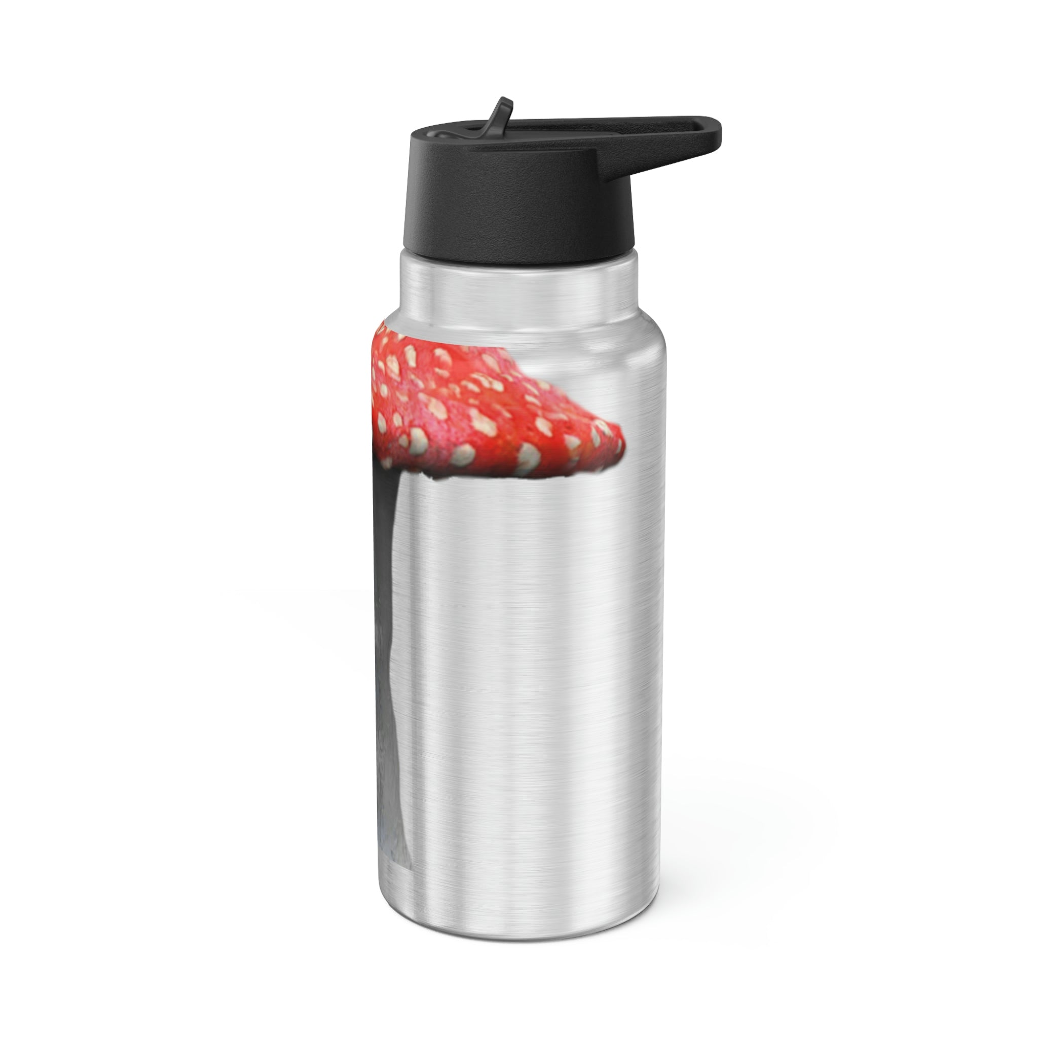 A 32oz Mushroom Gator Tumbler made of stainless steel with a black plastic screw-on cap and a straw, featuring customizable designs.