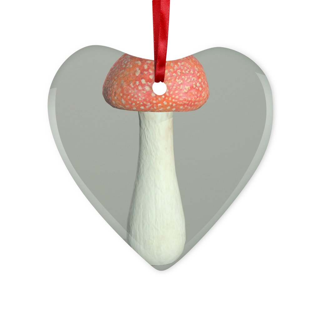 Mushroom Glass Hanging Ornament in round and heart shapes, beautifully packaged with a red ribbon and gold string.