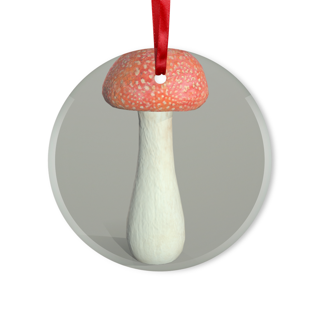 Mushroom Glass Hanging Ornament in round and heart shapes, beautifully packaged with a red ribbon and gold string.