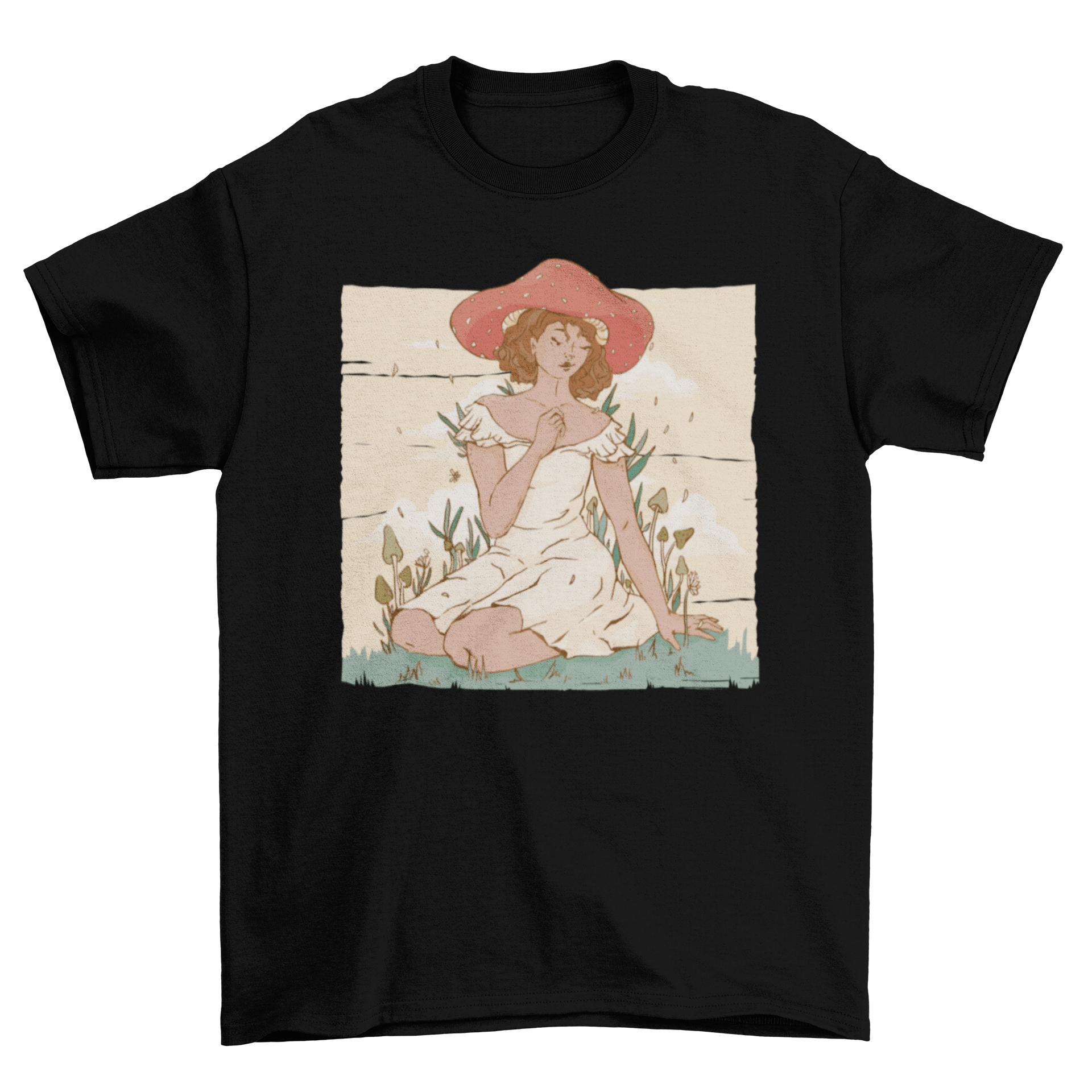 Mushroom Lady T-Shirt featuring a girl in a dress with a colorful mushroom hat, perfect for casual wear.