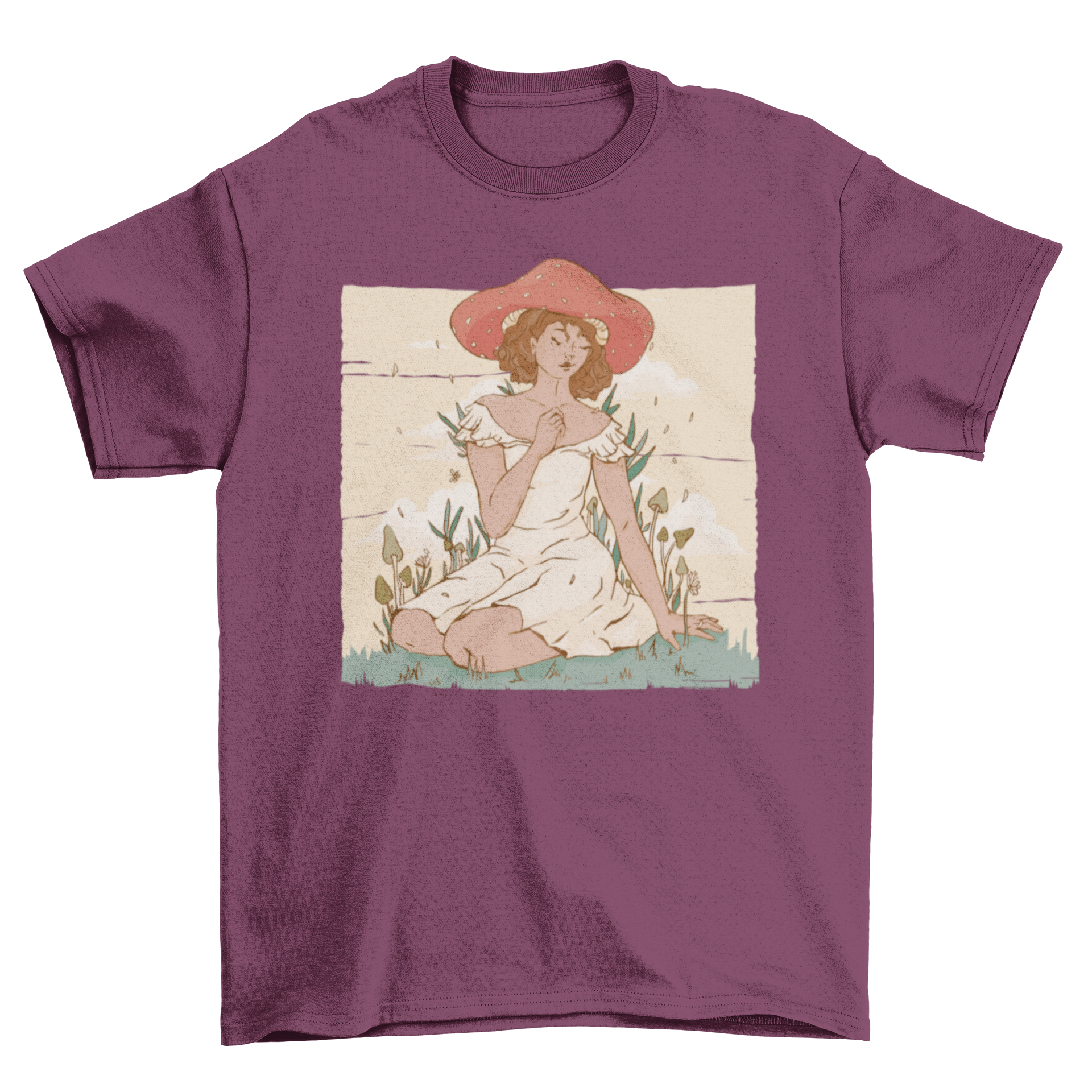 Mushroom Lady T-Shirt featuring a girl in a dress with a colorful mushroom hat, perfect for casual wear.