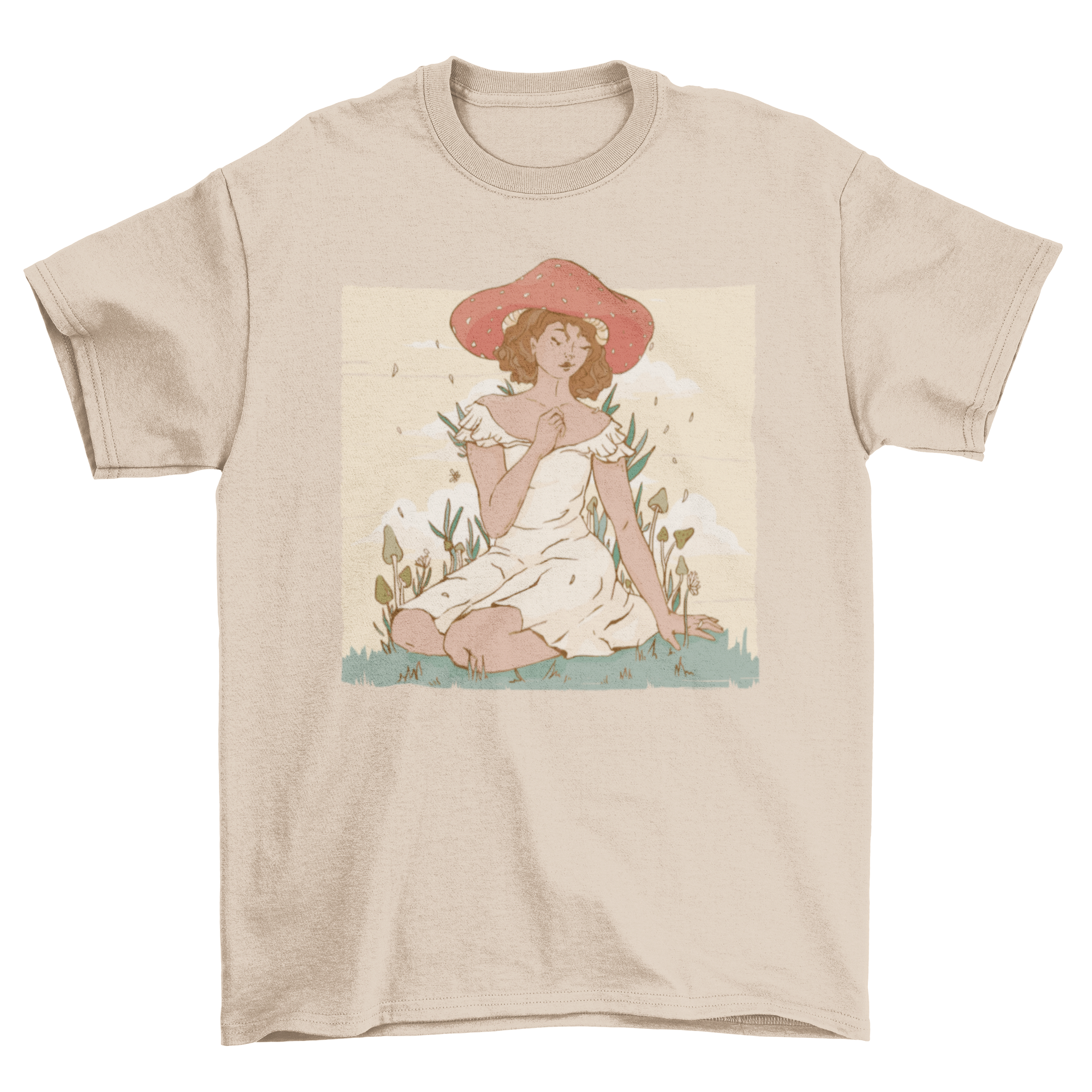 Mushroom Lady T-Shirt featuring a girl in a dress with a colorful mushroom hat, perfect for casual wear.