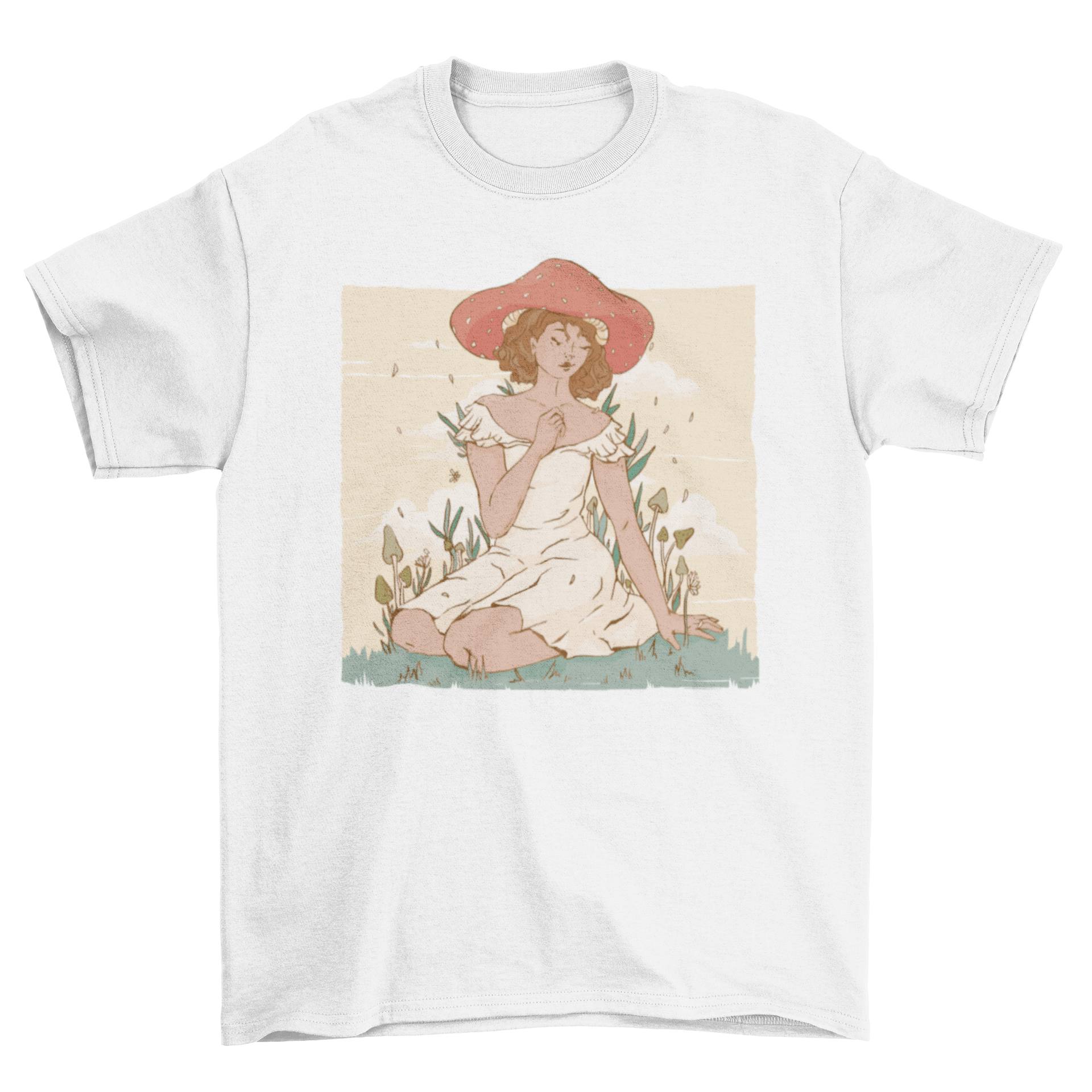 Mushroom Lady T-Shirt featuring a girl in a dress with a colorful mushroom hat, perfect for casual wear.