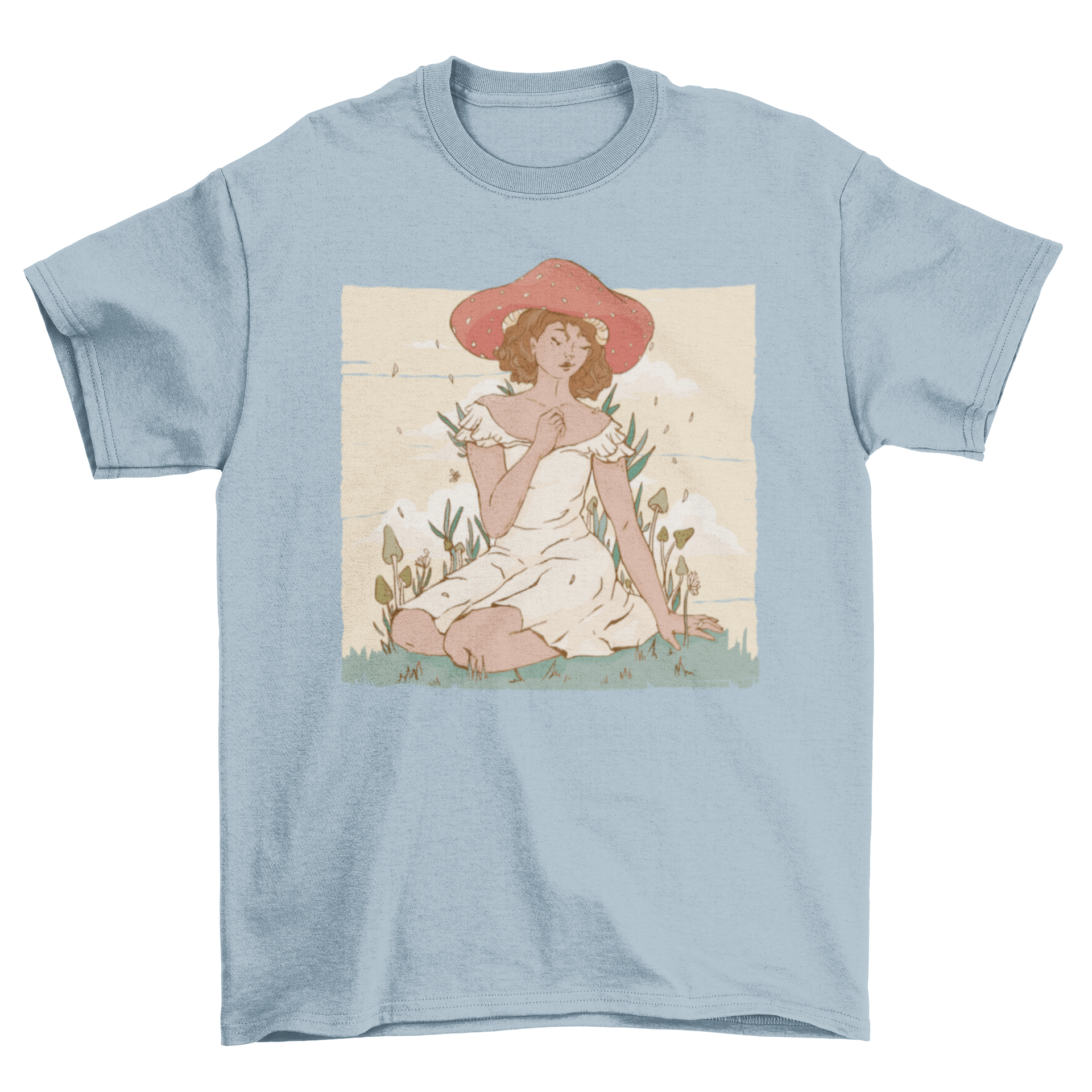 Mushroom Lady T-Shirt featuring a girl in a dress with a colorful mushroom hat, perfect for casual wear.