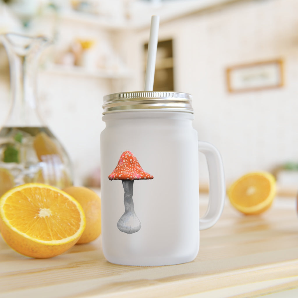 A personalized Mushroom Mason Jar made of frosted glass, featuring a straw and lid, perfect for cocktails and soft drinks.