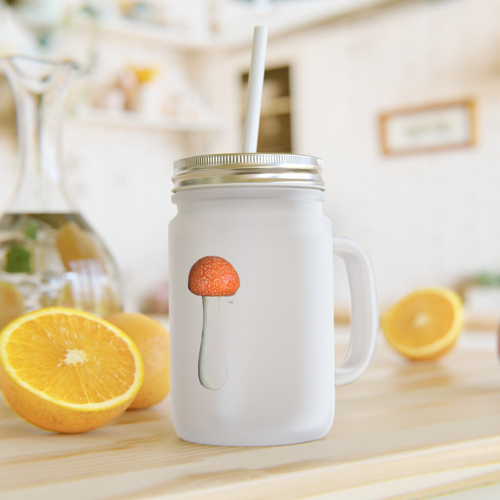 A personalized Mushroom Mason Jar made of frosted glass, featuring a straw and lid, perfect for cocktails and soft drinks.