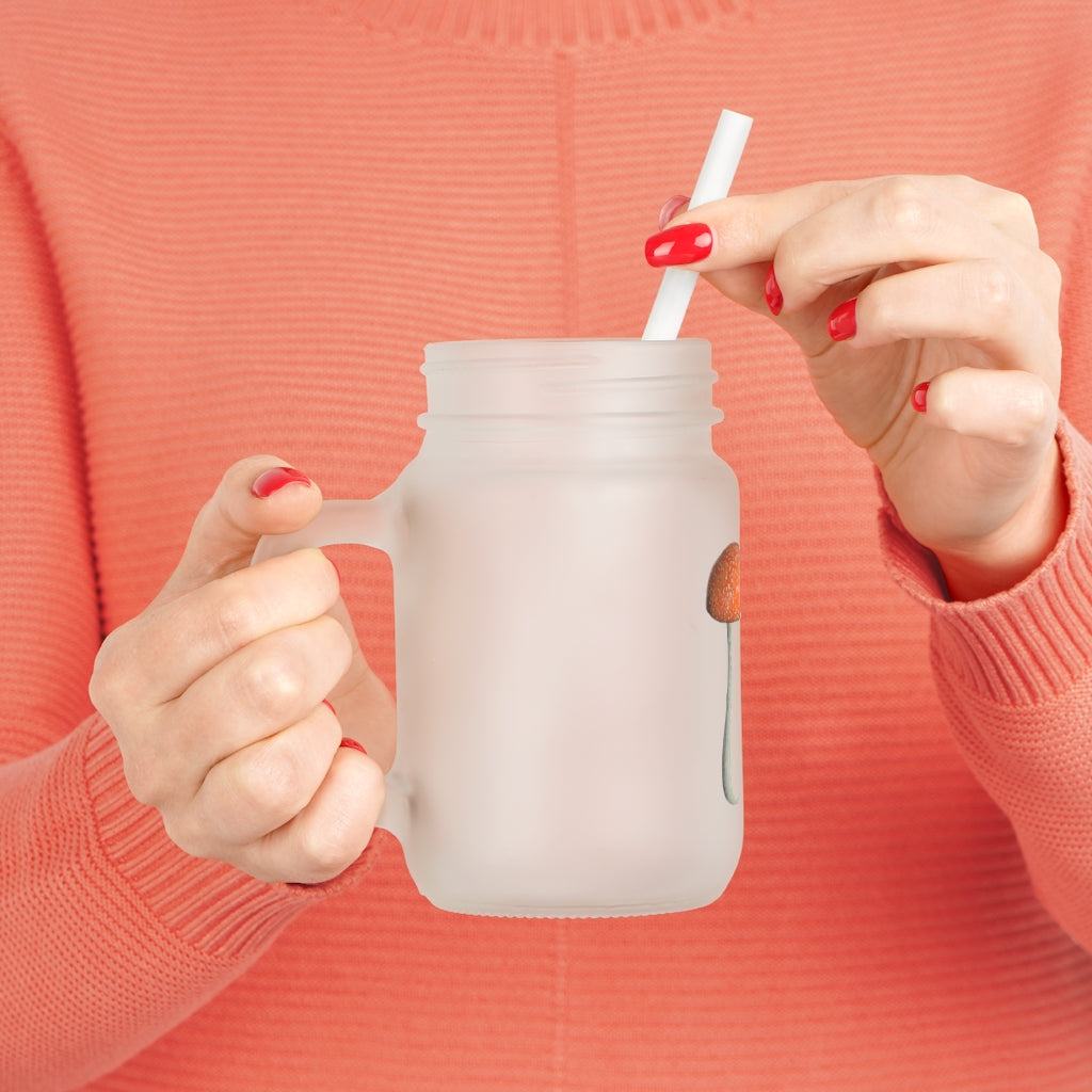 A personalized Mushroom Mason Jar made of frosted glass, featuring a straw and lid, perfect for cocktails and soft drinks.