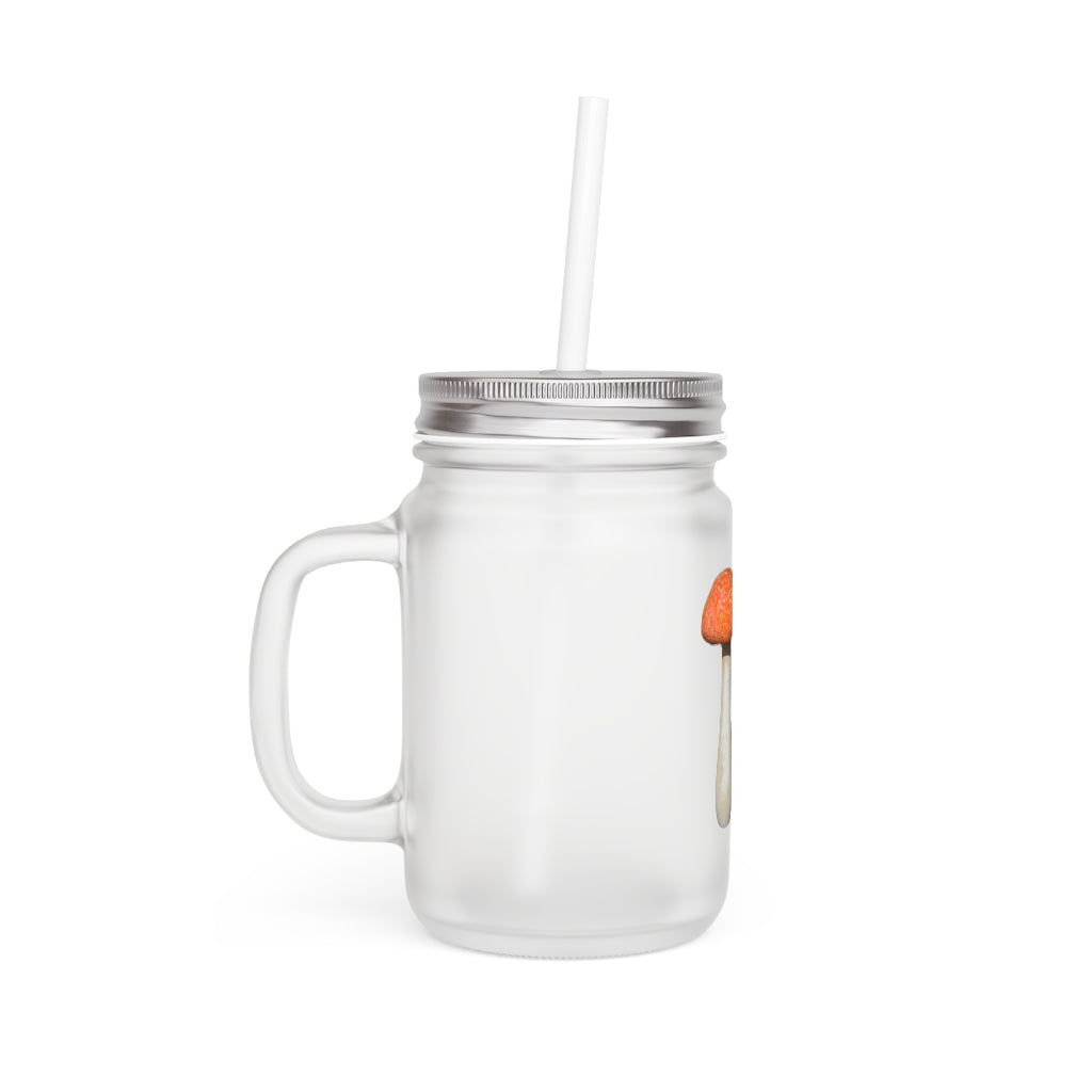 A stylish Mushroom Mason Jar made of frosted glass, featuring a straw and lid, perfect for personalized drinks.