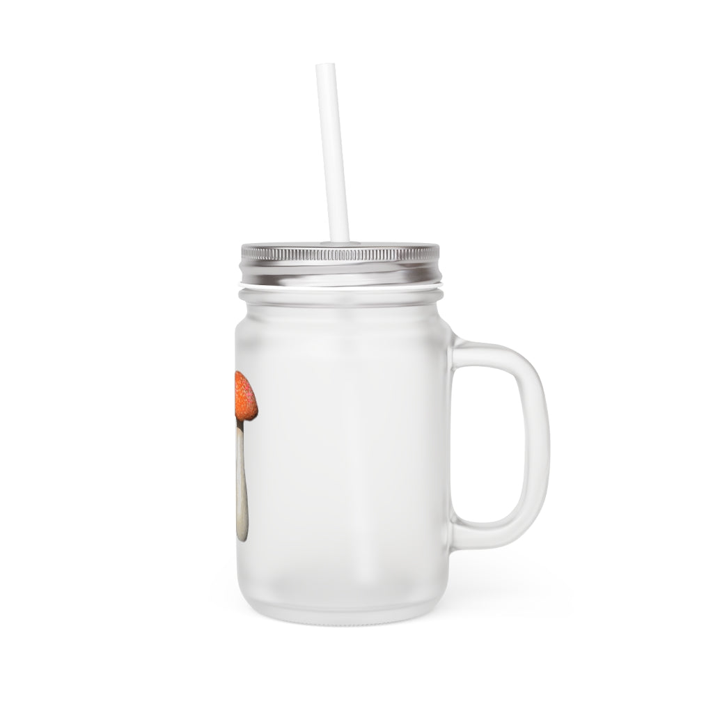 A stylish Mushroom Mason Jar made of frosted glass, featuring a straw and lid, perfect for personalized drinks.