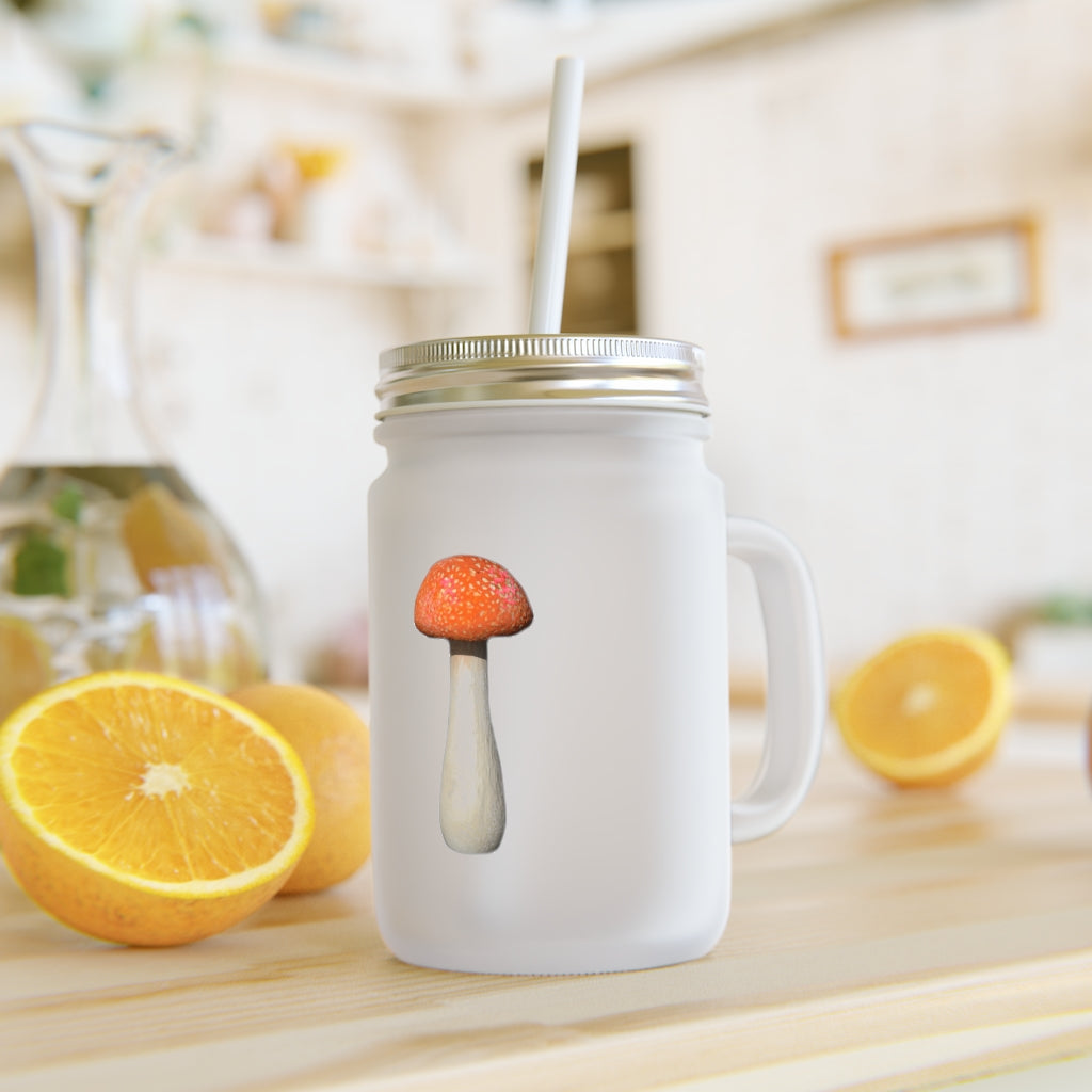 A stylish Mushroom Mason Jar made of frosted glass, featuring a straw and lid, perfect for personalized drinks.